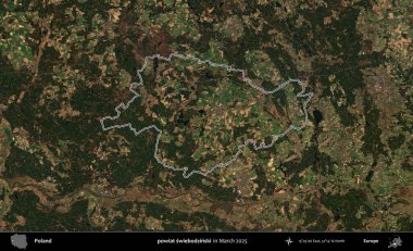 powiat swiebodzinski. Polonya 'nın idari bölgesinin ana hatları, Mart 2025' te çekilen Kopernik Nöbetçi karolarından oluşan bir uydu görüntüsü üzerine çizildi.