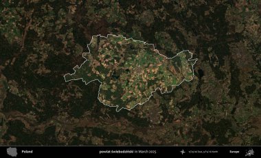 powiat swiebodzinski. Polonya 'nın idari alanı, Mart 2025' te çekilen Kopernik Nöbetçi karolarından oluşan koyu renkli bir uydu görüntüsü üzerine vurgulandı ve özetlendi