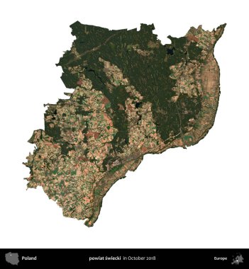 powiat swiecki. Polonya idari bölgesi, Ekim 2018 'de çekilen Kopernik Nöbetçi karolarından oluşan bir uydu görüntüsü üzerinde beyaza izole edildi.