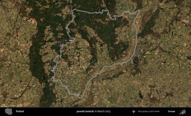 powiat swiecki. Polonya 'nın idari bölgesinin ana hatları, Mart 2025' te çekilen Kopernik Nöbetçi karolarından oluşan bir uydu görüntüsü üzerine çizildi.