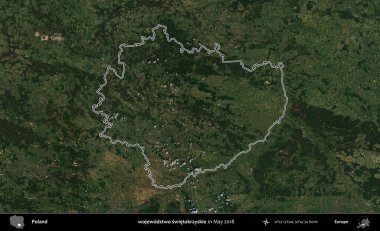 wojewodzz iki swietokrzyskie. Mayıs 2018 'de çekilen Kopernik Nöbetçi karolarından oluşan bir uydu görüntüsü üzerine Polonya' nın idari bölgesinin ana hatlarını belirledik.