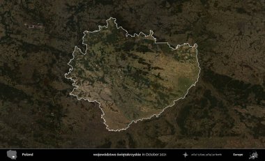 wojewodzz iki swietokrzyskie. Polonya 'nın idari alanı, Ekim 2021' de çekilen Kopernik Nöbetçi karolarından oluşan koyu renkli bir uydu görüntüsü üzerine vurgulandı ve özetlendi