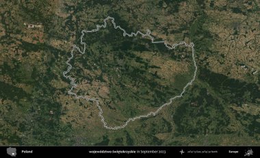 wojewodzz iki swietokrzyskie. Eylül 2023 'te çekilen Copernicus Sentinel karolarından oluşan bir uydu görüntüsü üzerine Polonya' nın idari bölgesinin ana hatlarını belirledik.