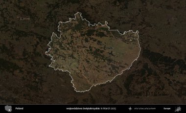 wojewodzz iki swietokrzyskie. Polonya 'nın idari alanı, Mart 2025' te çekilen Kopernik Nöbetçi karolarından oluşan koyu renkli bir uydu görüntüsü üzerine vurgulandı ve özetlendi