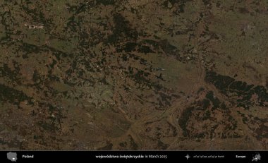 wojewodzz iki swietokrzyskie. Copernicus Sentinel 'in Mart 2025' te çekilmiş uydu görüntüsü üzerine Polonya 'nın idari bölgesi