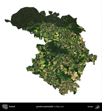 powiat szamotulski. Polonya idari bölgesi, Mayıs 2017 'de çekilen Kopernik Nöbetçi karolarından oluşan bir uydu görüntüsü üzerinde beyaza izole edildi.