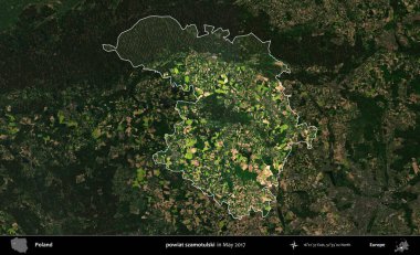 powiat szamotulski. Polonya 'nın idari alanı, Mayıs 2017' de çekilen Kopernik Nöbetçi karolarından oluşan koyu renkli bir uydu görüntüsü üzerinde vurgulandı ve özetlendi.