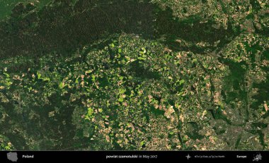 powiat szamotulski. Copernicus Sentinel 'in Mayıs 2017' de çekilmiş uydu görüntüsü üzerine Polonya 'nın idari bölgesi.