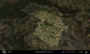 powiat szamotulski. Polonya 'nın idari alanı, Nisan 2020' de çekilen Kopernik Nöbetçi karolarından oluşan koyu renkli bir uydu görüntüsü üzerine vurgulandı ve özetlendi