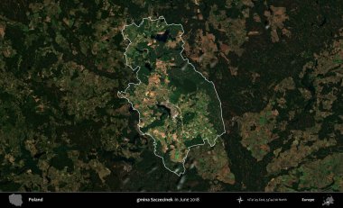 gmina Szczecinek. Polonya 'nın idari alanı, Haziran 2018' de çekilen Kopernik Nöbetçi karolarından oluşan koyu renkli bir uydu görüntüsüyle vurgulandı ve özetlendi