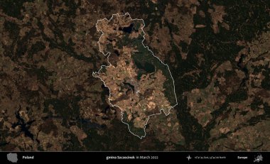 gmina Szczecinek. Polonya 'nın idari alanı, Mart 2022' de çekilen Kopernik Nöbetçi karolarından oluşan koyu renkli bir uydu görüntüsü üzerine vurgulandı ve özetlendi.