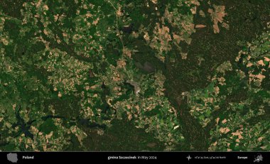 gmina Szczecinek. Mayıs 2024 'te Copernicus Sentinel karolarından oluşan uydu görüntüsü üzerine Polonya' nın idari bölgesi