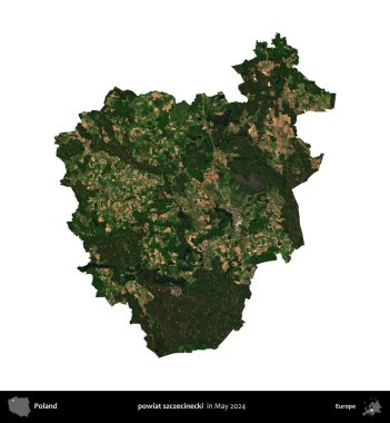 powiat szczecinecki. Polonya 'nın idari bölgesi, Mayıs 2024' te çekilen Kopernik Nöbetçi Fayanslarından oluşan bir uydu görüntüsü üzerinde beyaza izole edildi.