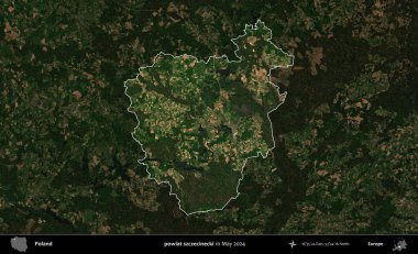 powiat szczecinecki. Polonya 'nın idari alanı, Mayıs 2024' te çekilen Kopernik Nöbetçi karolarından oluşan koyu renkli bir uydu görüntüsü üzerinde vurgulandı ve özetlendi.