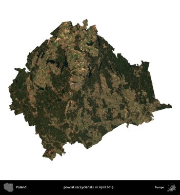 powiat szczycienski. Polonya idari bölgesi, Nisan 2019 'da çekilen Kopernik Nöbetçi karolarından oluşan bir uydu görüntüsü üzerinde beyaza izole edildi.
