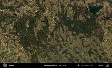 powiat szczycienski. Nisan 2019 'da çekilen Kopernik Sentinel karolarından oluşan bir uydu görüntüsü üzerine Polonya' nın idari bölgesi
