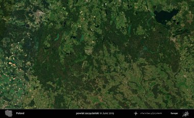 powiat szczycienski. Copernicus Sentinel 'in Haziran 2019' da çekilmiş uydu görüntüsü üzerine Polonya 'nın idari bölgesi.