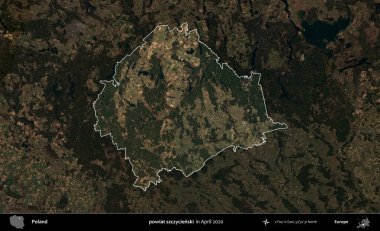 powiat szczycienski. Polonya 'nın idari alanı, Nisan 2020' de çekilen Kopernik Nöbetçi karolarından oluşan koyu renkli bir uydu görüntüsü üzerine vurgulandı ve özetlendi