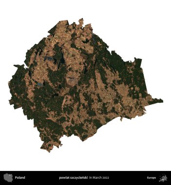 powiat szczycienski. Polonya idari bölgesi, Mart 2022 'de çekilen Kopernik Nöbetçi karolarından oluşan bir uydu görüntüsü üzerinde beyaza izole edildi.