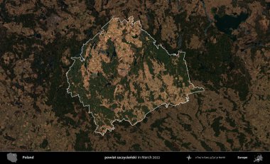 powiat szczycienski. Polonya 'nın idari alanı, Mart 2022' de çekilen Kopernik Nöbetçi karolarından oluşan koyu renkli bir uydu görüntüsü üzerine vurgulandı ve özetlendi.