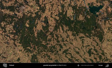 powiat szczycienski. Copernicus Sentinel 'in Mart 2022' de çekilmiş uydu görüntüsü üzerine Polonya 'nın idari bölgesi.