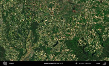 powiat sztumski. Copernicus Sentinel 'in Mayıs 2018' de çekilmiş uydu görüntüsü üzerine Polonya 'nın idari bölgesi.