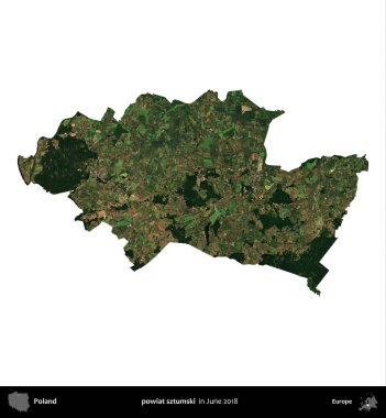 powiat sztumski. Polonya idari bölgesi, Haziran 2018 'de çekilen Kopernik Nöbetçi karolarından oluşan bir uydu görüntüsü üzerinde beyaza izole edildi.