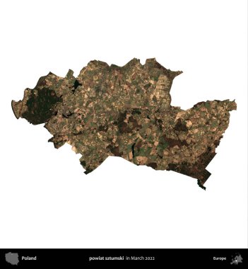 powiat sztumski. Polonya idari bölgesi, Mart 2022 'de çekilen Kopernik Nöbetçi karolarından oluşan bir uydu görüntüsü üzerinde beyaza izole edildi.