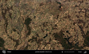 powiat sztumski. Copernicus Sentinel 'in Mart 2022' de çekilmiş uydu görüntüsü üzerine Polonya 'nın idari bölgesi.