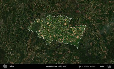 powiat sztumski. Polonya 'nın idari alanı, Mayıs 2023' te çekilen Kopernik Nöbetçi karolarından oluşan koyu renkli bir uydu görüntüsü üzerinde vurgulandı ve özetlendi.