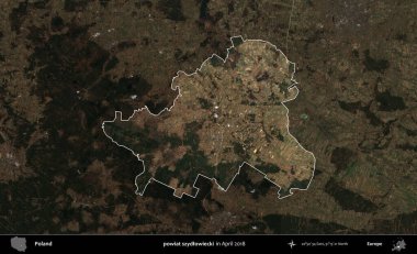 powiat szydlowiecki. Polonya 'nın idari alanı, Nisan 2018' de çekilen Kopernik Nöbetçi karolarından oluşan koyu renkli bir uydu görüntüsü üzerine vurgulandı ve özetlendi