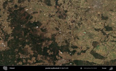 powiat szydlowiecki. Nisan 2018 'de çekilen Kopernik Sentinel karolarından oluşan bir uydu görüntüsü üzerine Polonya' nın idari bölgesi