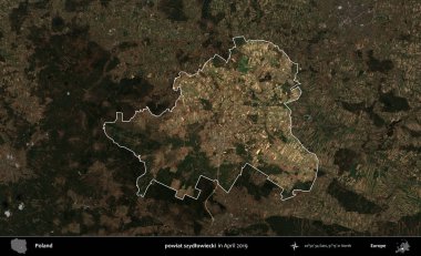 powiat szydlowiecki. Polonya 'nın idari alanı, Nisan 2019' da çekilen Kopernik Nöbetçi karolarından oluşan koyu renkli bir uydu görüntüsü üzerine vurgulandı ve özetlendi.