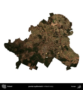 powiat szydlowiecki. Polonya idari bölgesi, Mart 2025 'te çekilen Kopernik Nöbetçi karolarından oluşan bir uydu görüntüsü üzerinde beyaza izole edildi.