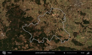 powiat szydlowiecki. Polonya 'nın idari bölgesinin ana hatları, Mart 2025' te çekilen Kopernik Nöbetçi karolarından oluşan bir uydu görüntüsü üzerine çizildi.