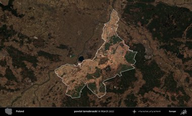 powiat tarnobrzeski. Polonya 'nın idari alanı, Mart 2022' de çekilen Kopernik Nöbetçi karolarından oluşan koyu renkli bir uydu görüntüsü üzerine vurgulandı ve özetlendi.