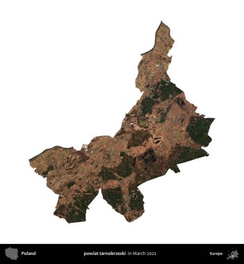 powiat tarnobrzeski. Polonya idari bölgesi, Mart 2022 'de çekilen Kopernik Nöbetçi karolarından oluşan bir uydu görüntüsü üzerinde beyaza izole edildi.