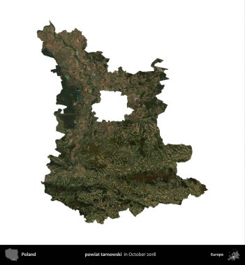 powiat tarnowski. Polonya idari bölgesi, Ekim 2018 'de çekilen Kopernik Nöbetçi karolarından oluşan bir uydu görüntüsü üzerinde beyaza izole edildi.