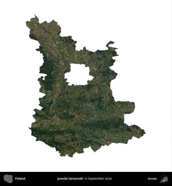 powiat tarnowski. Polonya idari bölgesi, Eylül 2020 'de çekilen Kopernik Nöbetçi karolarından oluşan bir uydu görüntüsü üzerinde beyaza izole edildi.
