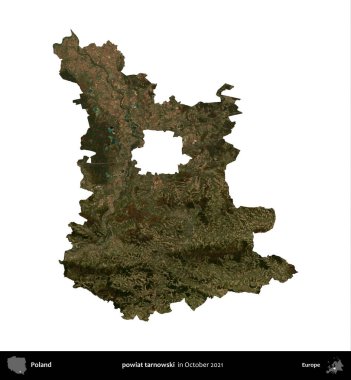 powiat tarnowski. Polonya idari bölgesi, Ekim 2021 'de çekilen Kopernik Nöbetçi karolarından oluşan bir uydu görüntüsü üzerinde beyaza izole edildi.