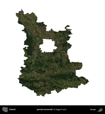 powiat tarnowski. Polonya idari bölgesi, Ağustos 2022 'de çekilen Kopernik Nöbetçi karolarından oluşan bir uydu görüntüsü üzerinde beyaza izole edildi.