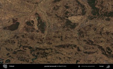 powiat tarnowski. Copernicus Sentinel 'in Mart 2022' de çekilmiş uydu görüntüsü üzerine Polonya 'nın idari bölgesi.