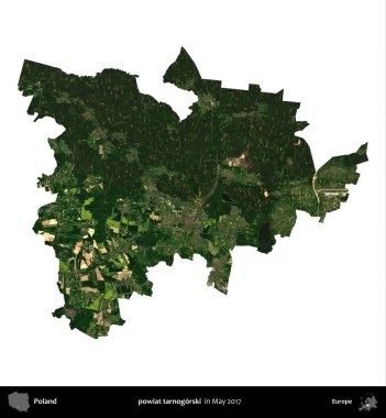 powiat tarnogorski. Polonya idari bölgesi, Mayıs 2017 'de çekilen Kopernik Nöbetçi karolarından oluşan bir uydu görüntüsü üzerinde beyaza izole edildi.