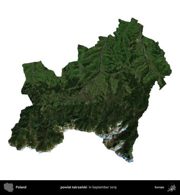 powiat tatrzanski. Polonya idari bölgesi, Eylül 2019 'da çekilen Kopernik Nöbetçi karolarından oluşan bir uydu görüntüsü üzerinde beyaza izole edildi.