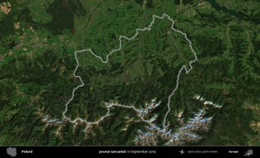 powiat tatrzanski. Eylül 2019 'da çekilen Kopernik Nöbetçi karolarından oluşan bir uydu görüntüsü üzerine Polonya' nın idari bölgesinin ana hatlarını çizdim.