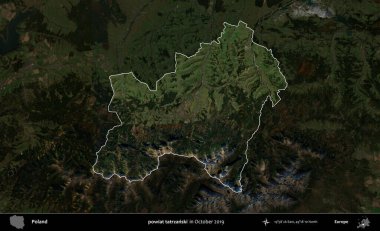 powiat tatrzanski. Polonya 'nın idari alanı, Ekim 2019' da çekilen Kopernik Nöbetçi karolarından oluşan koyu renkli bir uydu görüntüsü üzerine vurgulandı ve özetlendi.