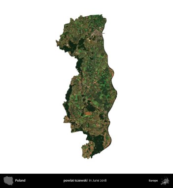 Powiat tzewski. Polonya idari bölgesi, Haziran 2018 'de çekilen Kopernik Nöbetçi karolarından oluşan bir uydu görüntüsü üzerinde beyaza izole edildi.