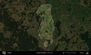 Powiat tzewski. Polonya 'nın idari alanı, Haziran 2018' de çekilen Kopernik Nöbetçi karolarından oluşan koyu renkli bir uydu görüntüsüyle vurgulandı ve özetlendi