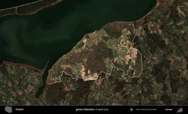 gmina Tolkmicko. Polonya 'nın idari alanı, Nisan 2019' da çekilen Kopernik Nöbetçi karolarından oluşan koyu renkli bir uydu görüntüsü üzerine vurgulandı ve özetlendi.