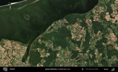 gmina Tolkmicko. Eylül 2024 'te çekilen Kopernik Sentinel karolarından oluşan uydu görüntüsü üzerine Polonya' nın idari bölgesi